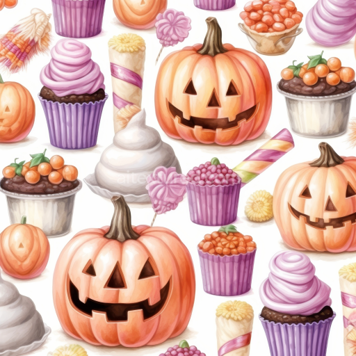 Seamless 3D PBR Watercolor Halloween Texture Featuring Pumpkins and Sweet Treats