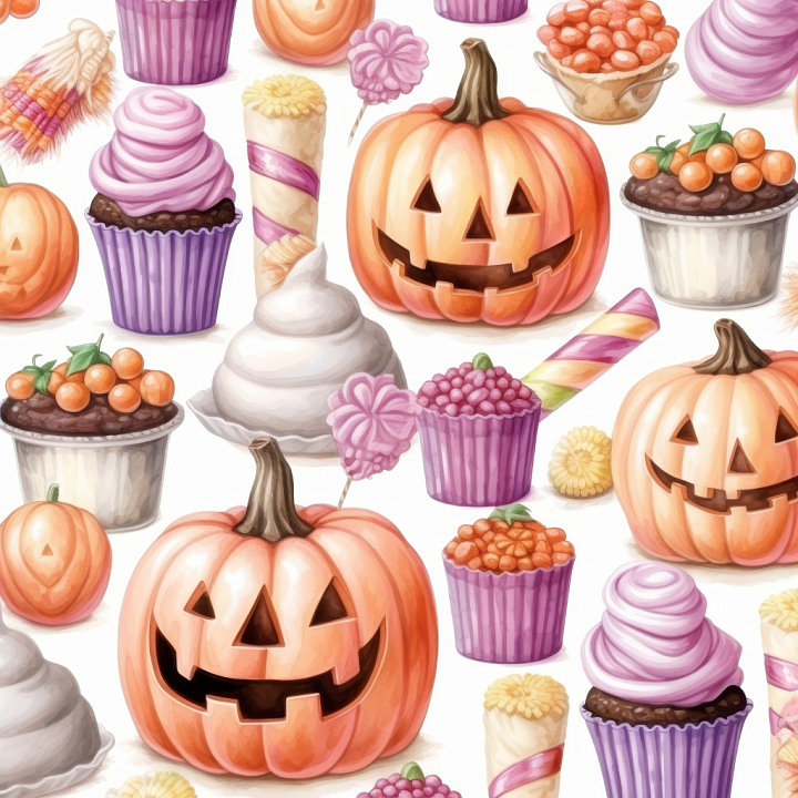 Watercolor Halloween Featuring Pumpkins and Sweet Treats seamless PBR texture preview