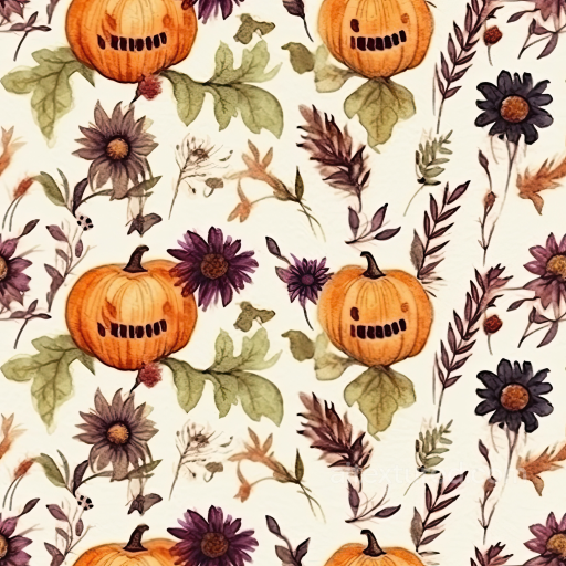 Watercolor Style Vintage Halloween Pumpkin And Floral Fabric Texture seamless Vintage Halloween PBR texture