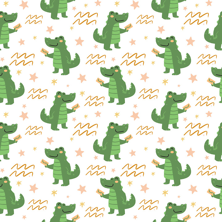 Pattern Featuring Cute Green Crocodile Cartoon Motifs with Playful Star… seamless PBR texture preview