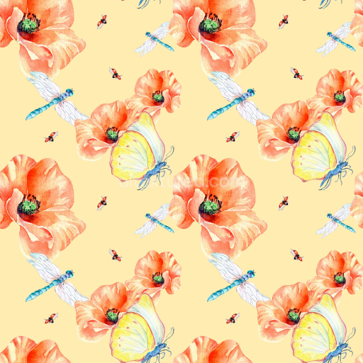 Seamless 3D PBR Dragonfly Pattern Texture with Watercolor Flowers and Insects