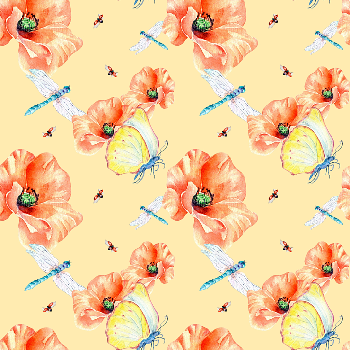 Dragonfly Pattern with Watercolor Flowers and Insects seamless PBR texture preview