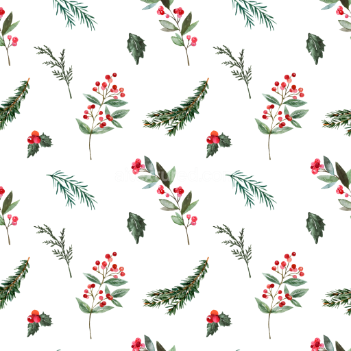 Seamless 3D PBR Watercolor Greenery Texture with Red Berries and Pine Leaves