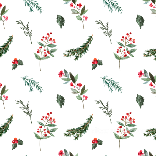 Watercolor Greenery Texture with Red Berries and Pine Leaves seamless watercolor greenery PBR texture