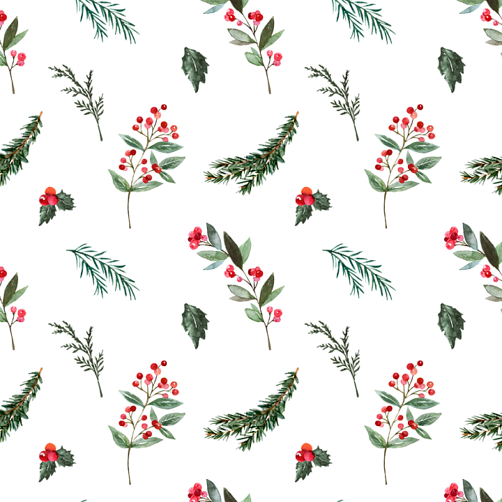 Watercolor Greenery with Red Berries and Pine Leaves Wood seamless PBR texture preview
