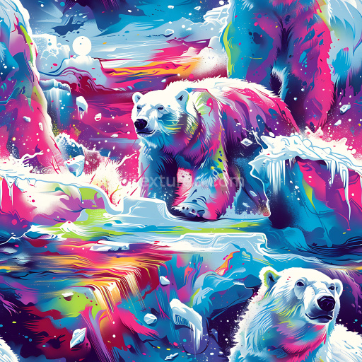 Seamless 3D PBR Graffiti Texture Featuring Vibrant Polar Bears and Abstract Ice Elements