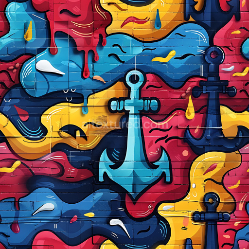 Seamless 3D PBR graffiti texture with colorful anchors and dripping paint