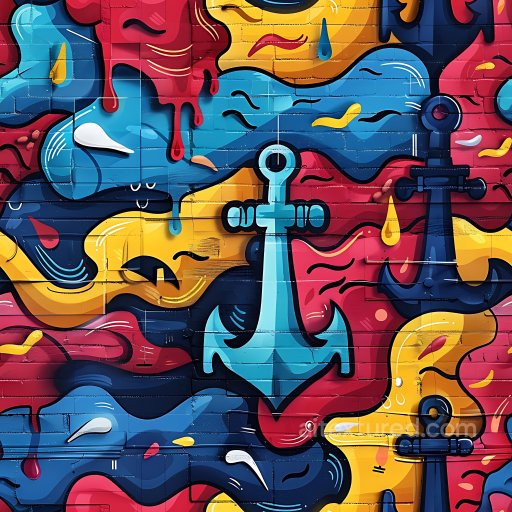 Seamless 3D PBR graffiti texture with colorful anchors and dripping paint texture preview