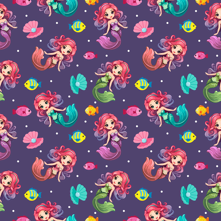 Pattern Featuring Colorful Cartoon Mermaids and Sea Life seamless PBR texture preview