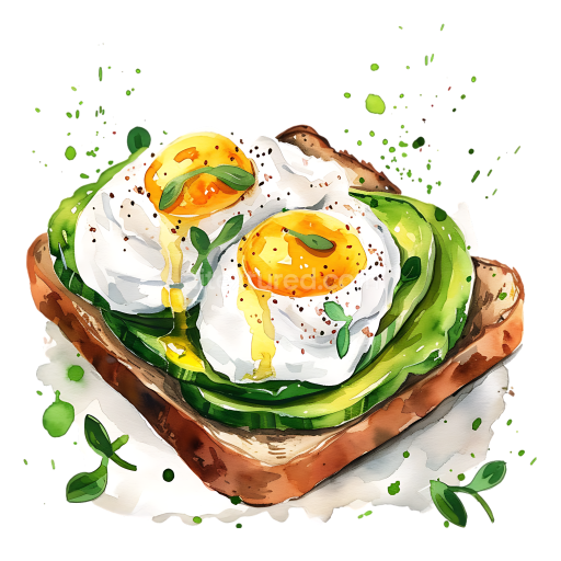 Watercolor Avocado Toast with Poached Eggs Breakfast Illustration