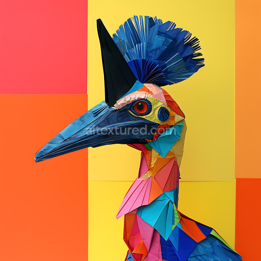 Seamless 3D PBR Texture Featuring Vibrant Cassowary Origami Style Pattern