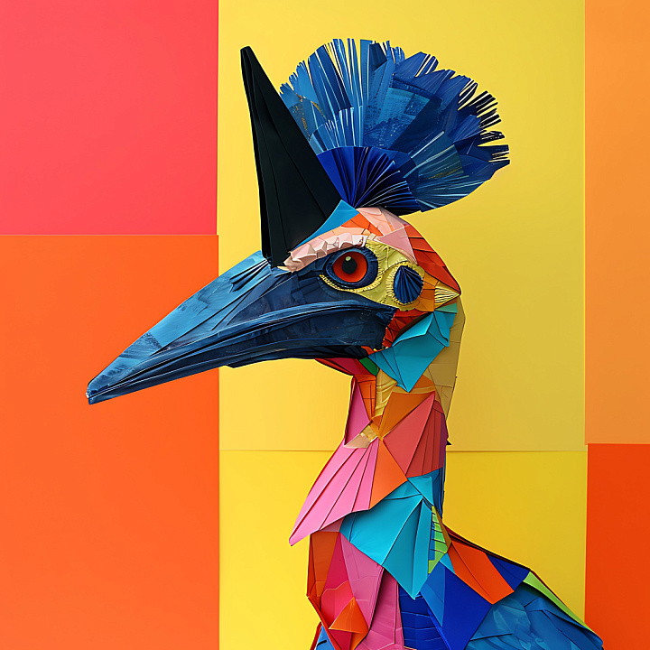 Featuring Vibrant Cassowary Origami Style Pattern seamless PBR texture preview