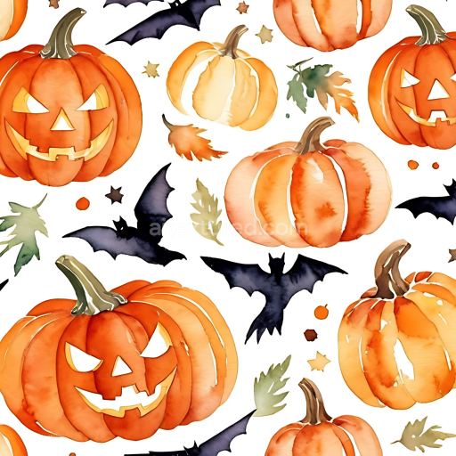 Seamless 3D PBR Watercolor Halloween Texture Featuring Pumpkins and Bats