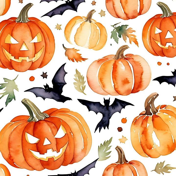 Watercolor Halloween Featuring Pumpkins and Bats seamless PBR texture preview