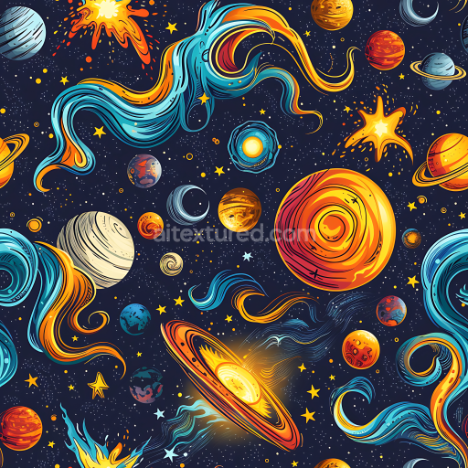 Seamless 3D Stylized Sci-Fi Space PBR Texture with Vibrant Planets and Cosmic Swirls