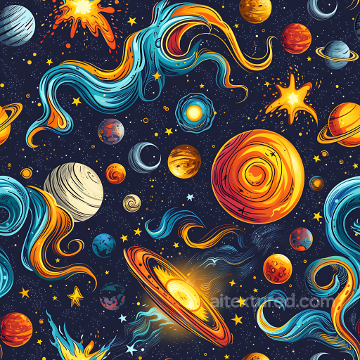 Stylized Sci-Fi Space PBR Texture with Vibrant Planets and Cosmic Swirls seamless Star, space, planets PBR texture