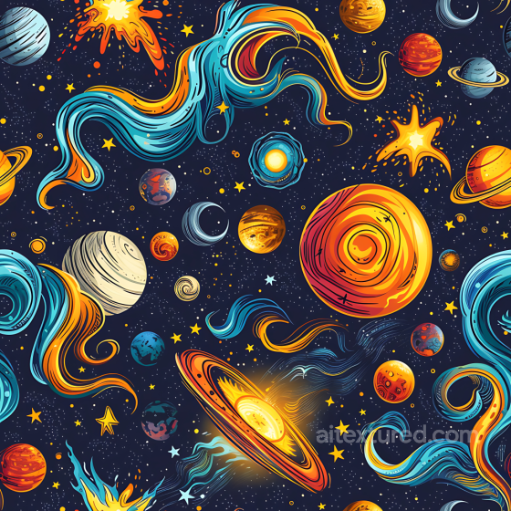 Stylized Sci-Fi Space PBR Texture with Vibrant Planets and Cosmic Swirls Star, space, planets texture preview