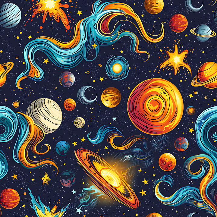 Stylized Sci-Fi Space with Vibrant Planets and Cosmic Swirls seamless PBR texture preview