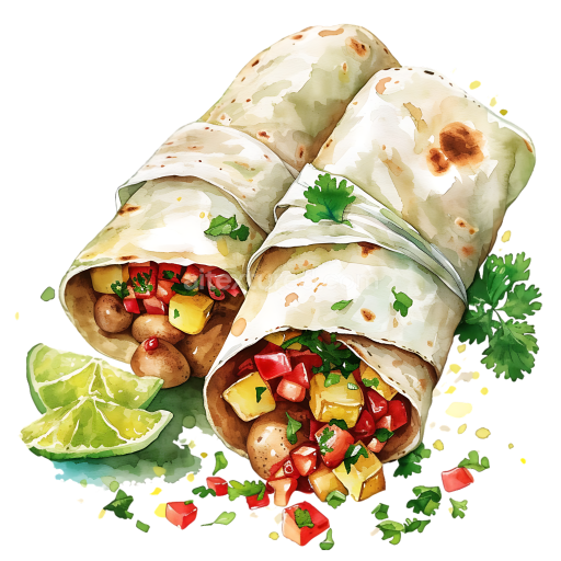 Watercolor Burritos with Potatoes, Salsa, and Lime Breakfast Illustration