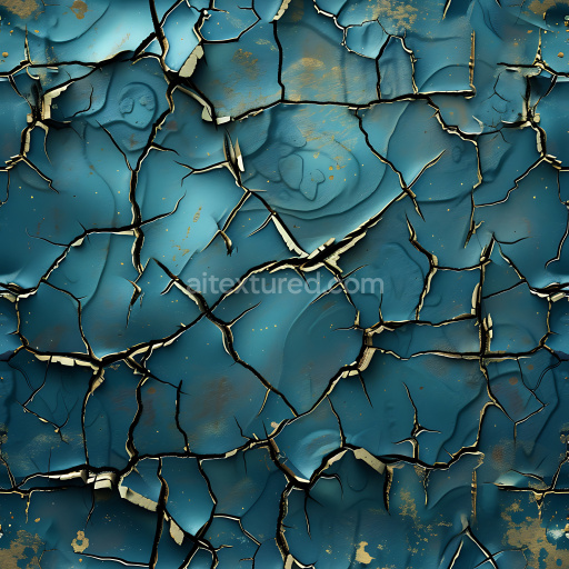 Seamless 3D PBR cracked teal paint texture with gold flake accents