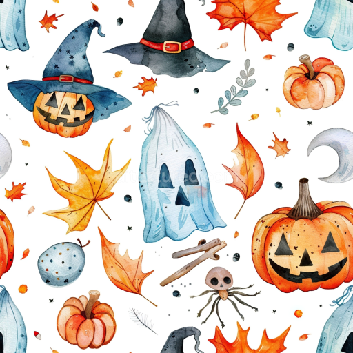 Seamless 3D PBR Watercolor Halloween Pattern Texture with Pumpkins and Ghosts