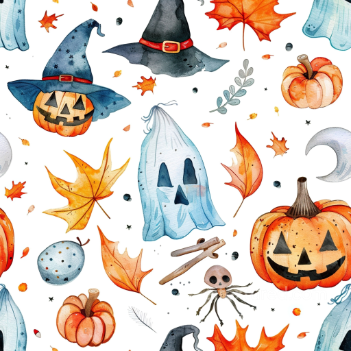 Watercolor Halloween Pattern Texture with Pumpkins and Ghosts seamless Watercolor Halloween PBR texture