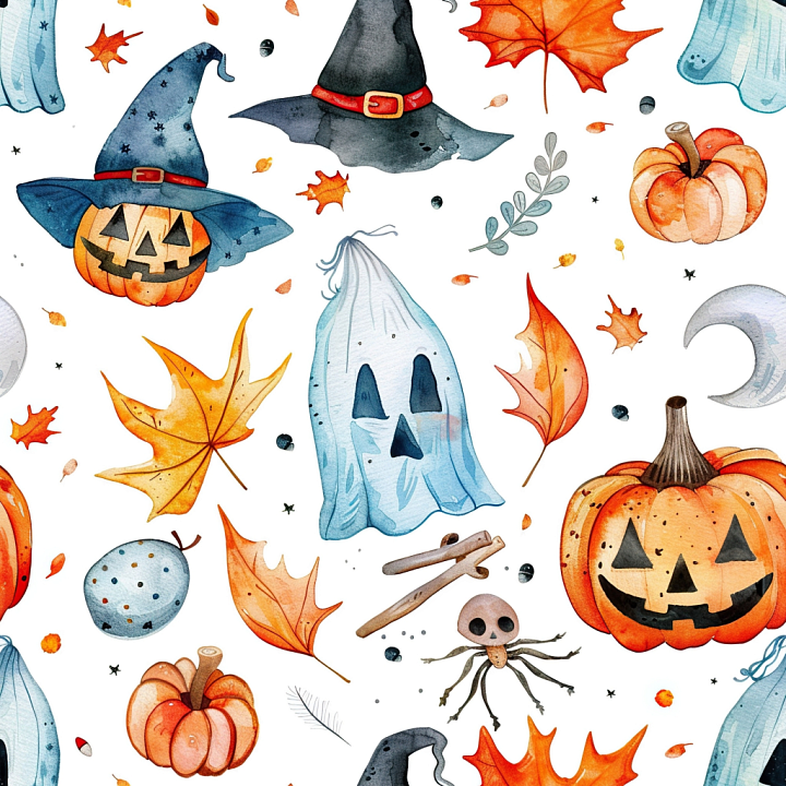 Watercolor Halloween Pattern with Pumpkins and Ghosts seamless PBR texture preview