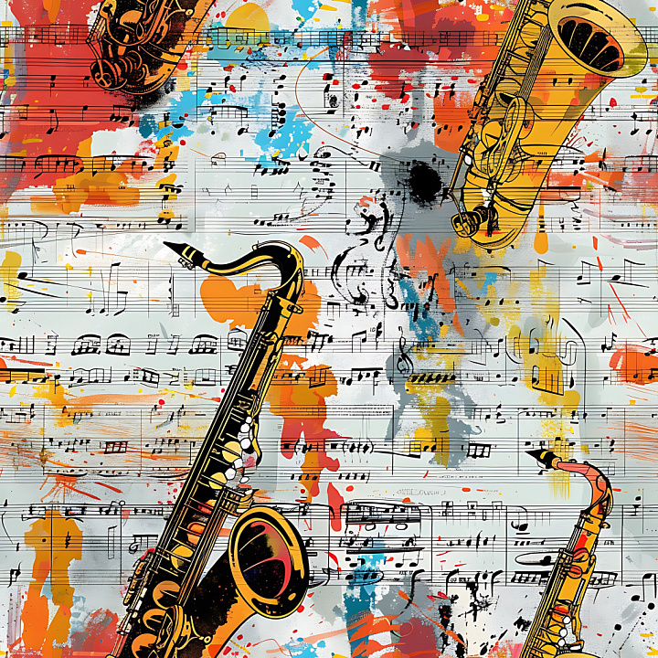 Graffiti Featuring Colorful Musical Notes and Saxophones seamless PBR texture preview