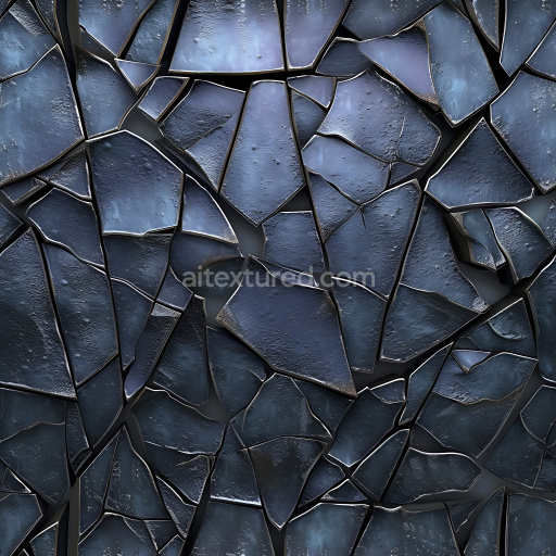 Seamless 3D PBR cracked dark metal surface texture with jagged fractured tiles