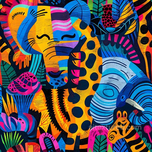 Seamless 3D PBR graffiti texture featuring vibrant stylized animal mural texture preview