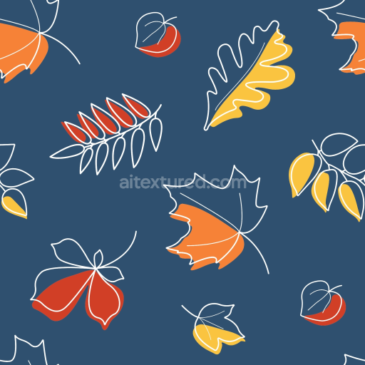 Seamless 3D PBR Fabric Texture with Outline Autumn Leaves on Blue Background