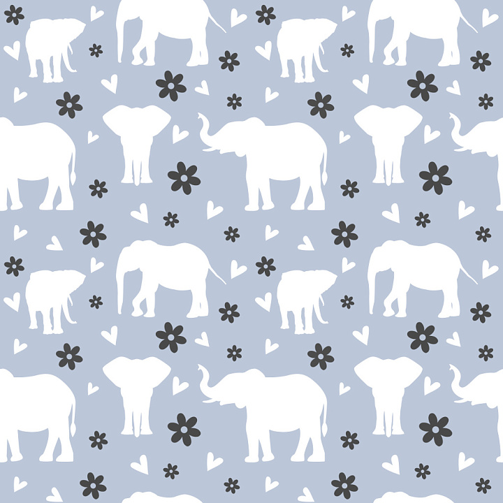 with Playful White Elephant Silhouettes and Floral Motifs on Soft Blue… seamless PBR texture preview