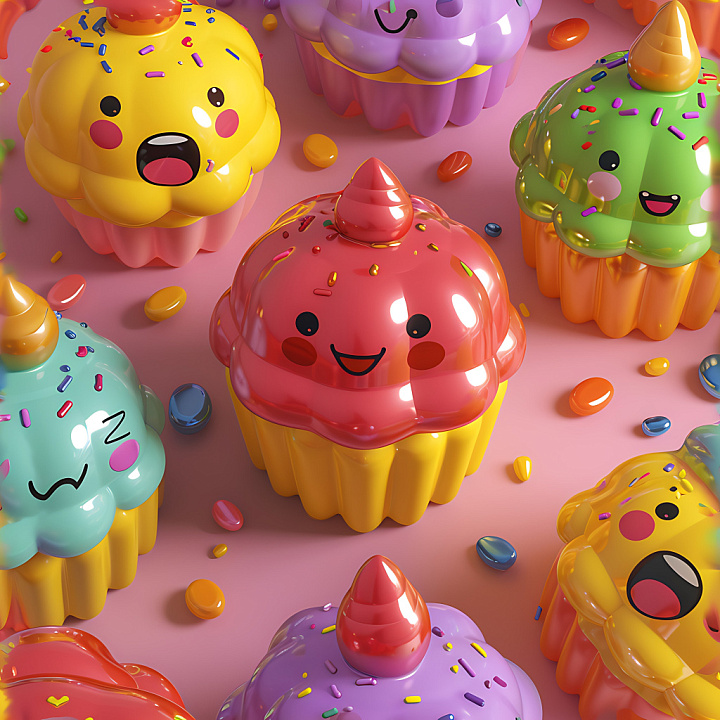 Inflated of Glossy Cartoon Cupcake Panels in Bright Colors seamless PBR texture preview