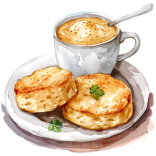 Watercolor Style Biscuits and Gravy Breakfast PNG with White Plate