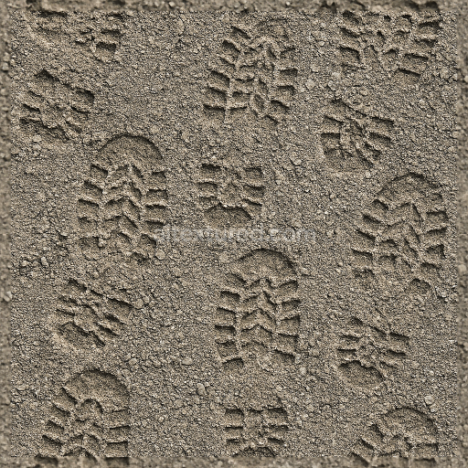Seamless 3d texture pbr 8k gravel impressions with boot prints on rough surface