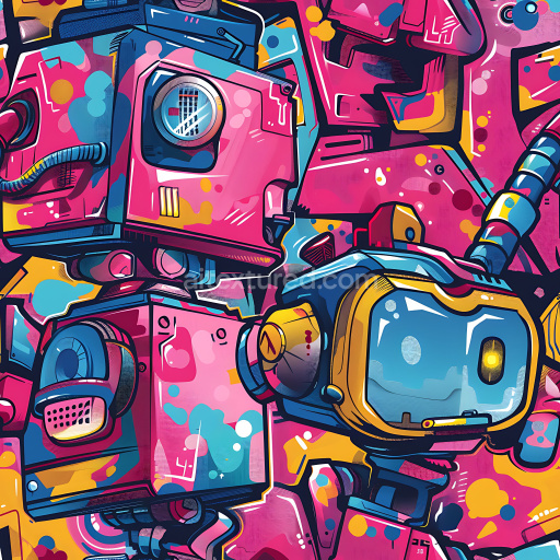 Seamless 3D PBR Texture Featuring Colorful Robotic Graffiti Mural