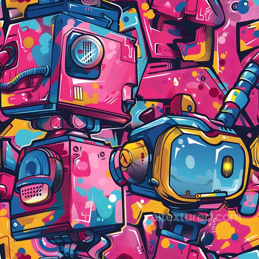 Seamless 3D PBR Texture Featuring Colorful Robotic Graffiti Mural texture preview
