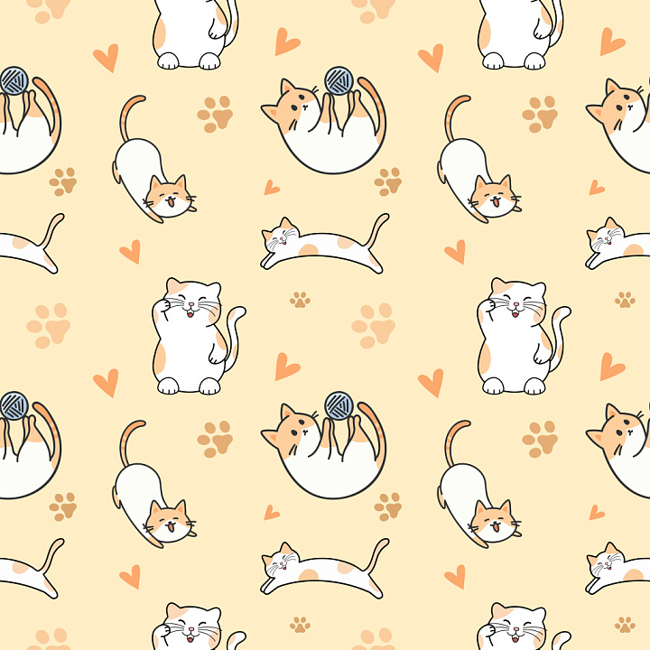 Pattern with Playful Cartoon Cats and Warm Pastel Background seamless PBR texture preview