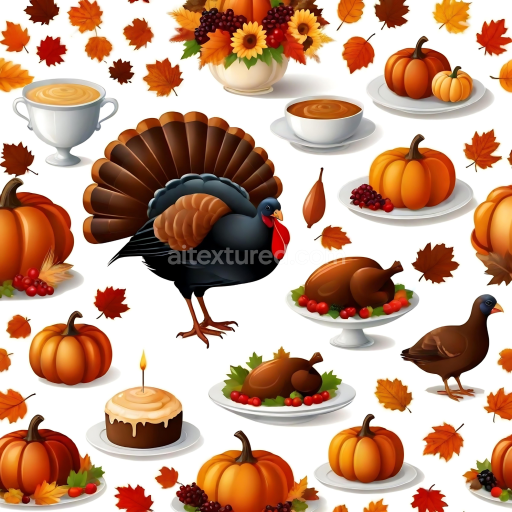 Seamless 3D PBR Texture Featuring Thanksgiving Turkeys, Pumpkins, and Autumn Leaves