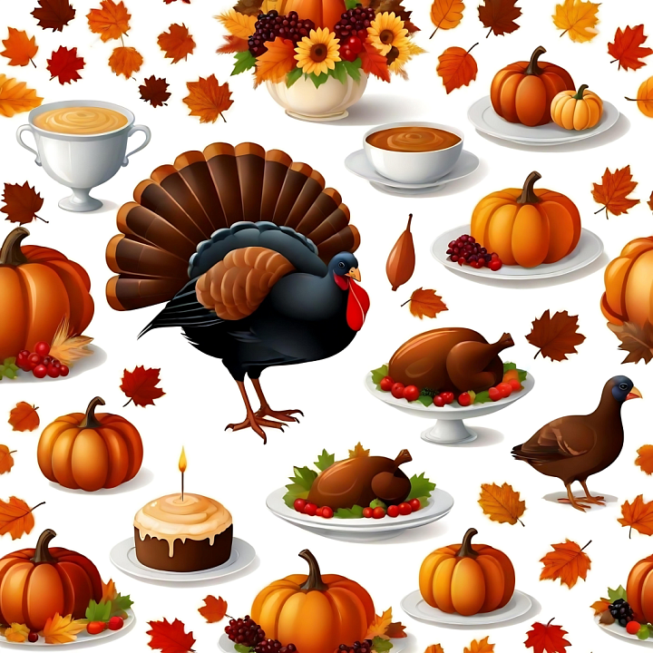 Featuring Thanksgiving Turkeys, Pumpkins, and Autumn Leaves seamless PBR texture preview