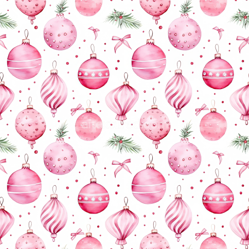 Seamless 3D PBR Texture of Pink Christmas Ornaments on White Digital Paper