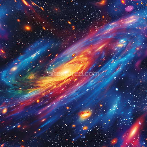 Seamless 3D Space PBR Texture Featuring Vibrant Spiral Galaxy and Multi-Colored Nebula Clouds