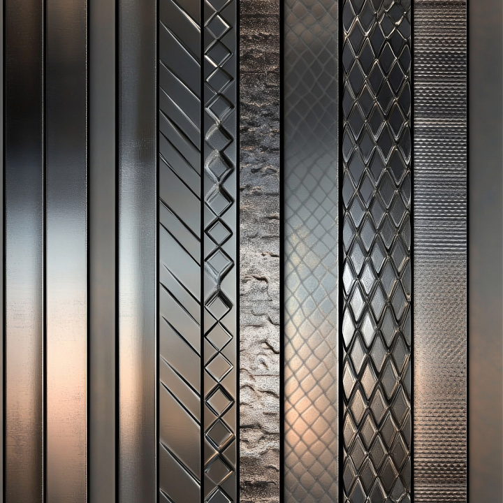 Steel Set Featuring Smooth, Patterned, and Textured Metallic Strips seamless PBR texture preview