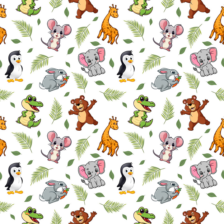 Pattern Featuring Colorful Cartoon Animals and Leaves seamless PBR texture preview