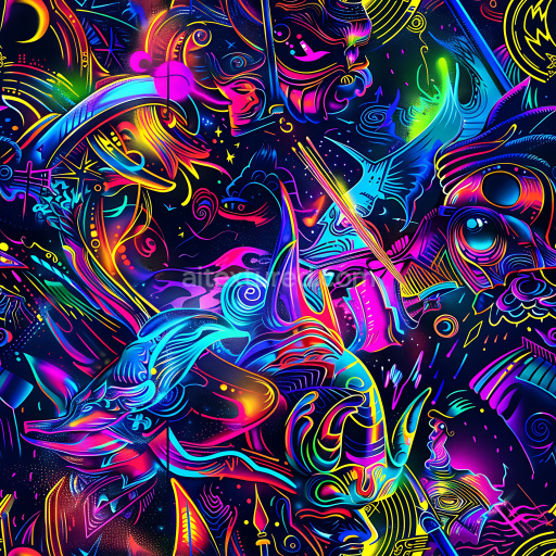 Seamless 3D PBR Texture of Vibrant Neon Graffiti with Abstract and Figurative Elements