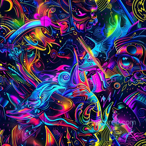 Seamless 3D PBR Texture of Vibrant Neon Graffiti with Abstract and Figurative Elements texture preview