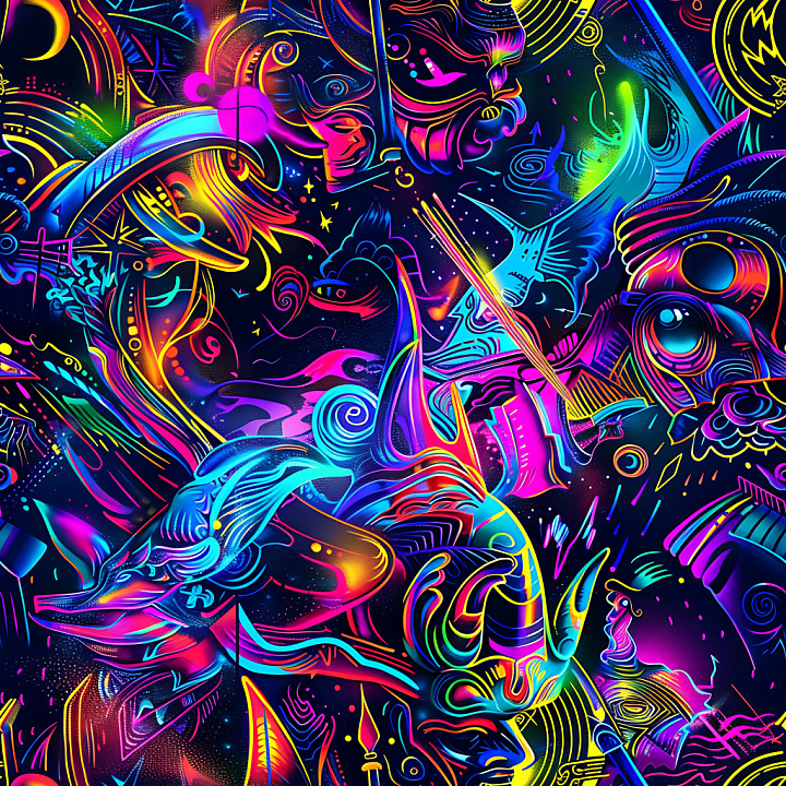 Vibrant Neon Graffiti with Abstract and Figurative Elements seamless PBR texture preview