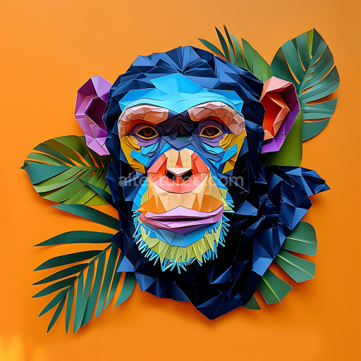 Seamless 3D PBR Texture Featuring Colorful Origami Style Chimpanzee Face with Tropical Leaves