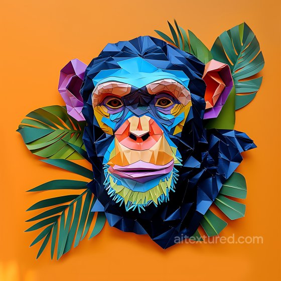 Featuring Colorful Origami Style Chimpanzee Face with Tropical Leaves Animal texture preview