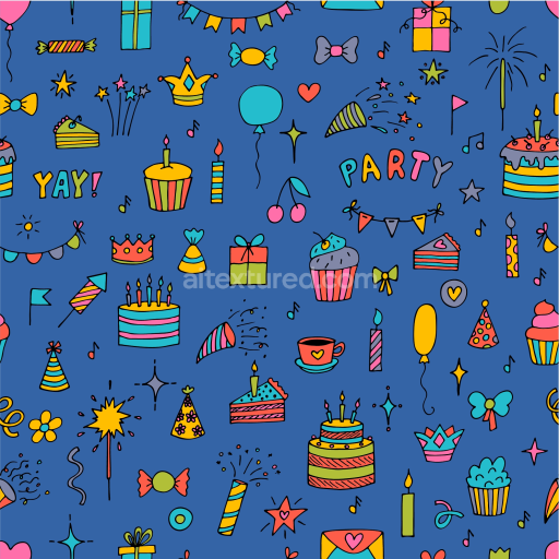 Seamless 3D PBR Texture with Colorful Birthday Icons on Blue Background
